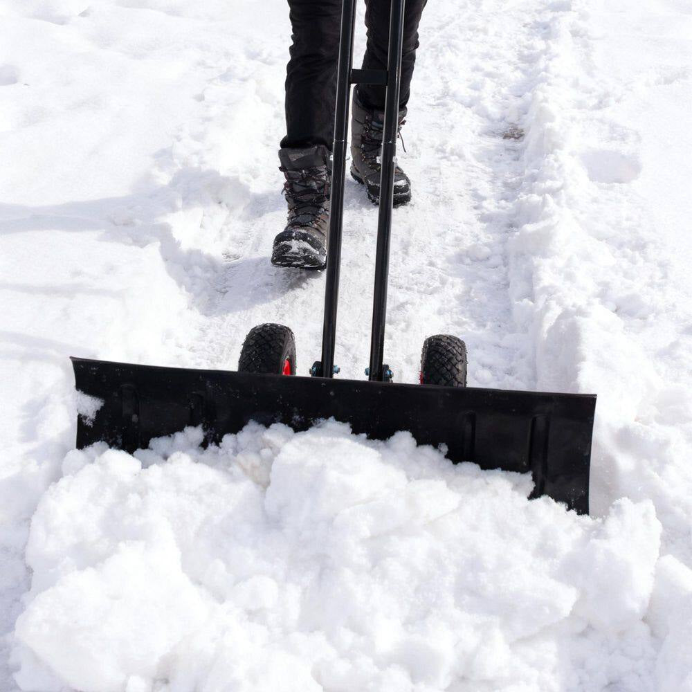 Black 42.5 In.L Non-Slip Rubber Adjustable Handle Carbon Steel Snow Shovel with 2 Wheels, 29.1 In. Carbon Steel Blade