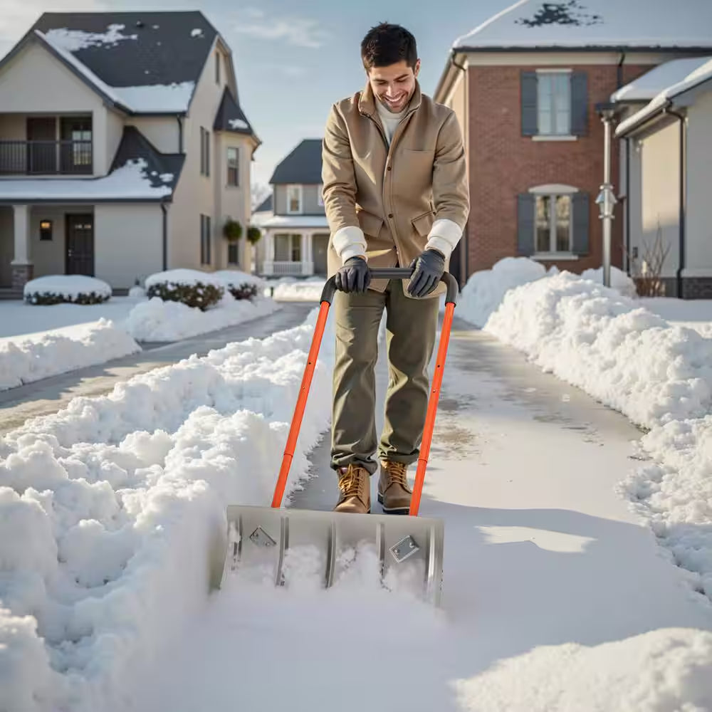 Snow Pusher Shovel, 24 In. Wheeled Snowplow Shovel, 33.46 In. Handle Length, Metal Handle, Bi-Metal Blade Snow Shovel