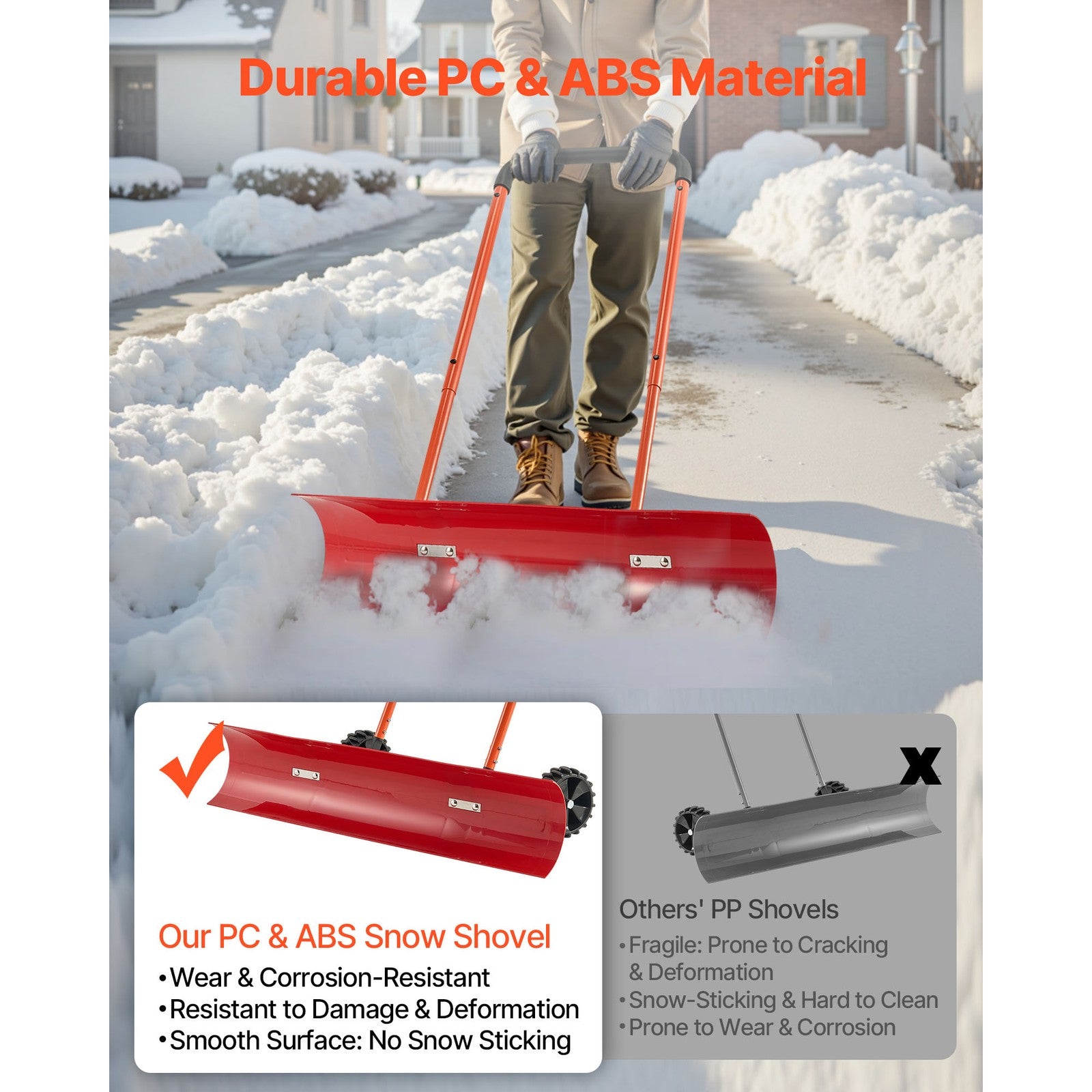 Snow Shovel with Wheels 37.8" Plastic Snow Removal Pusher Snow Plow for Driveway