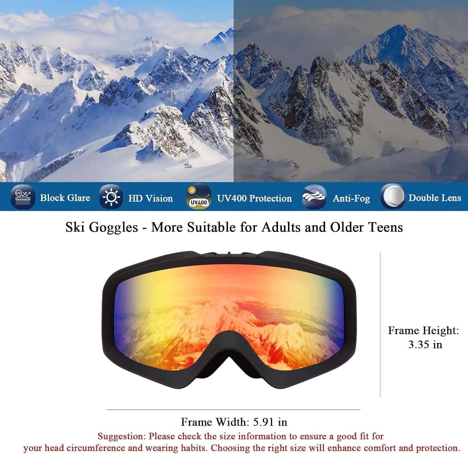 Ski Goggles Anti-Fog Snow Goggles OTG 100% UV Protection Snowboard Goggles Bendable Dual-Lenses for Men Women Youth