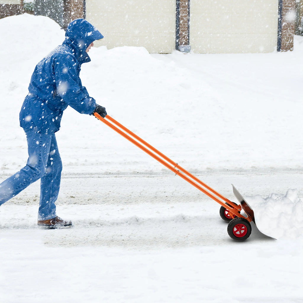 30" Snow Shovel Heavy-Duty Metal Adjustable Height Wheeled Snow Removal Pusher