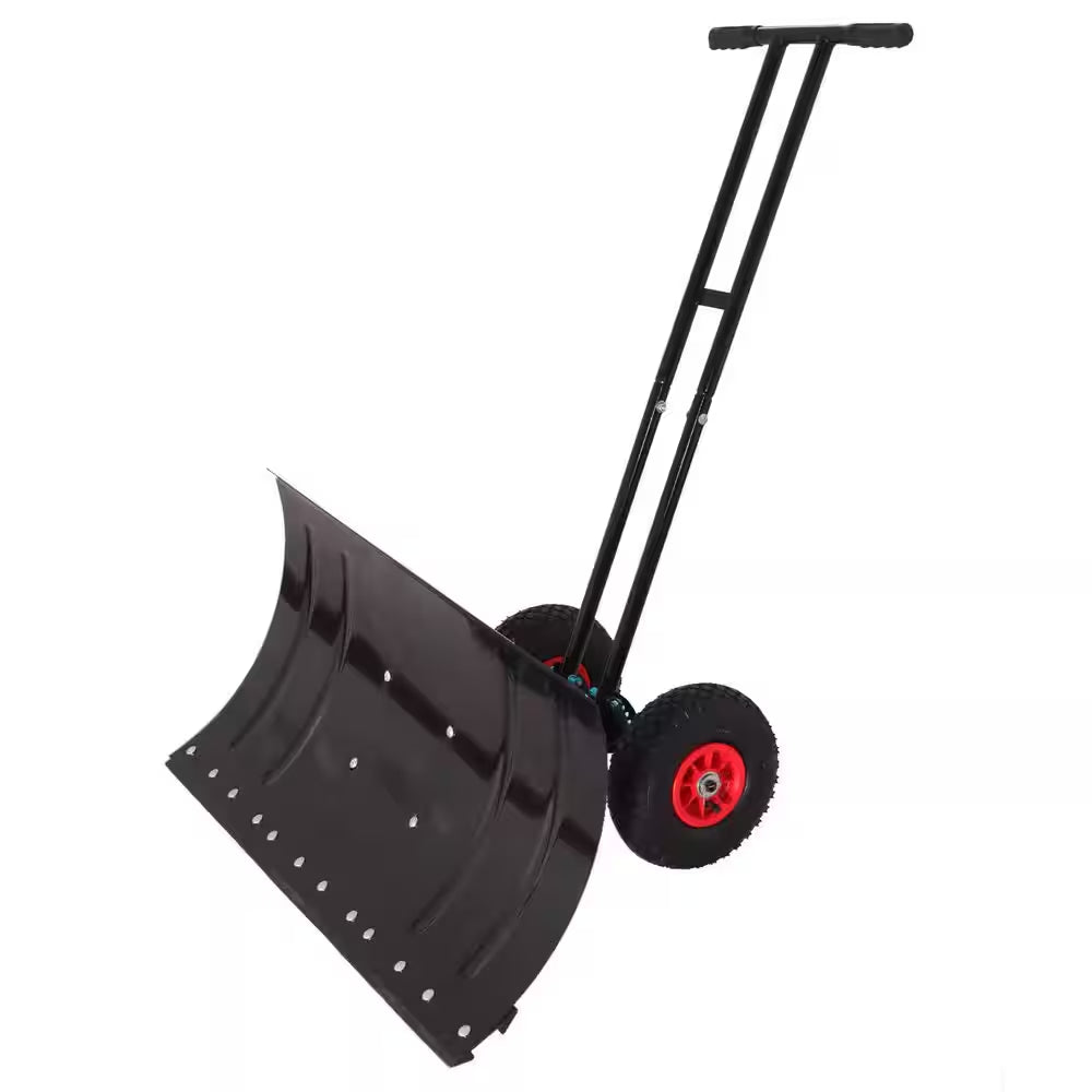 Black 42.5 In.L Non-Slip Rubber Adjustable Handle Carbon Steel Snow Shovel with 2 Wheels, 29.1 In. Carbon Steel Blade