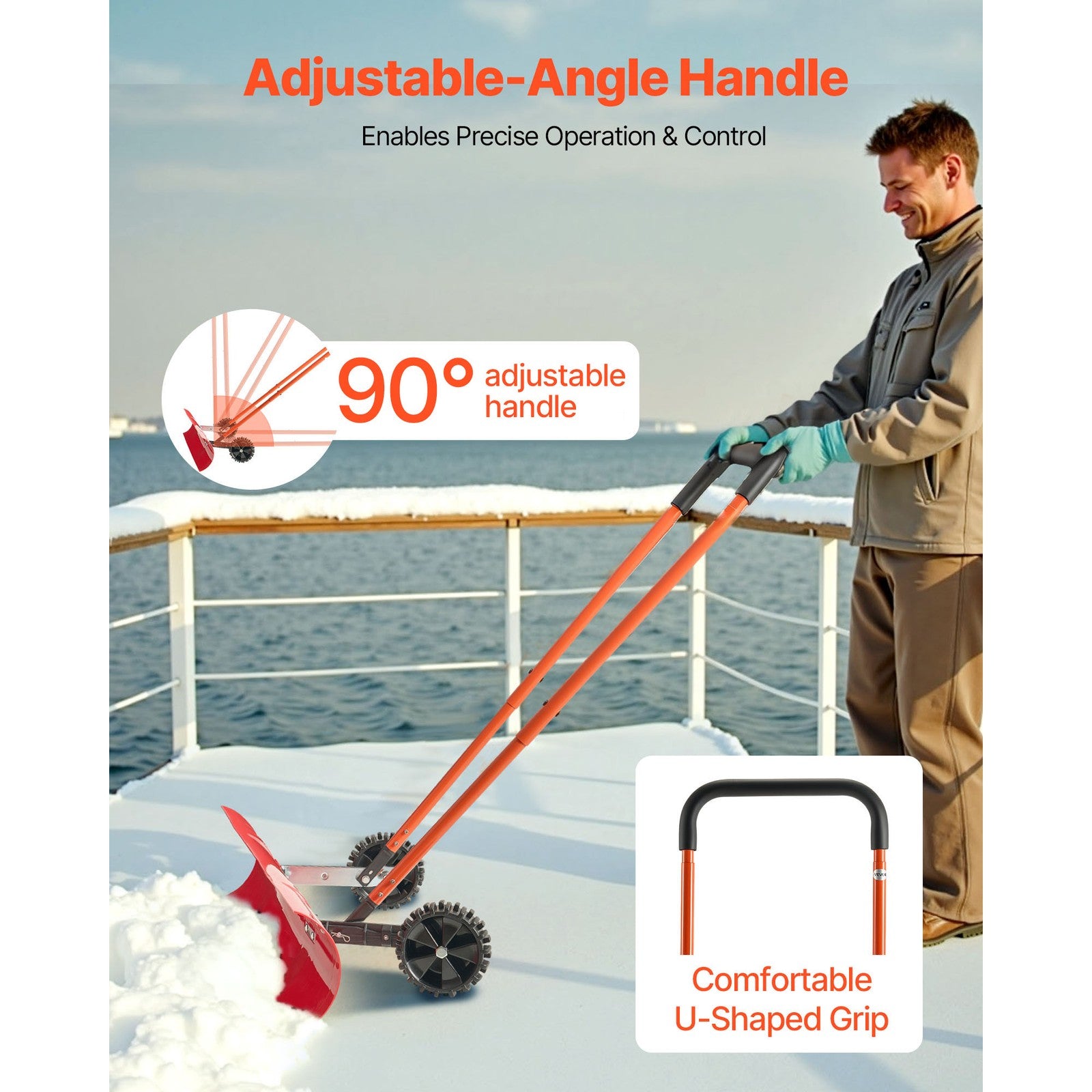 Snow Shovel with Wheels 37.8" Plastic Snow Removal Pusher Snow Plow for Driveway