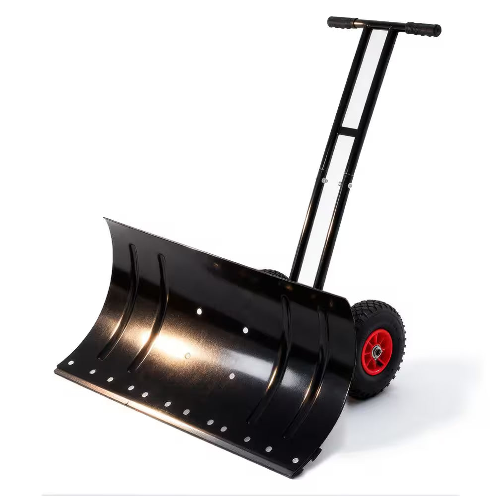 Black 42.5 In.L Non-Slip Rubber Adjustable Handle Carbon Steel Snow Shovel with 2 Wheels, 29.1 In. Carbon Steel Blade