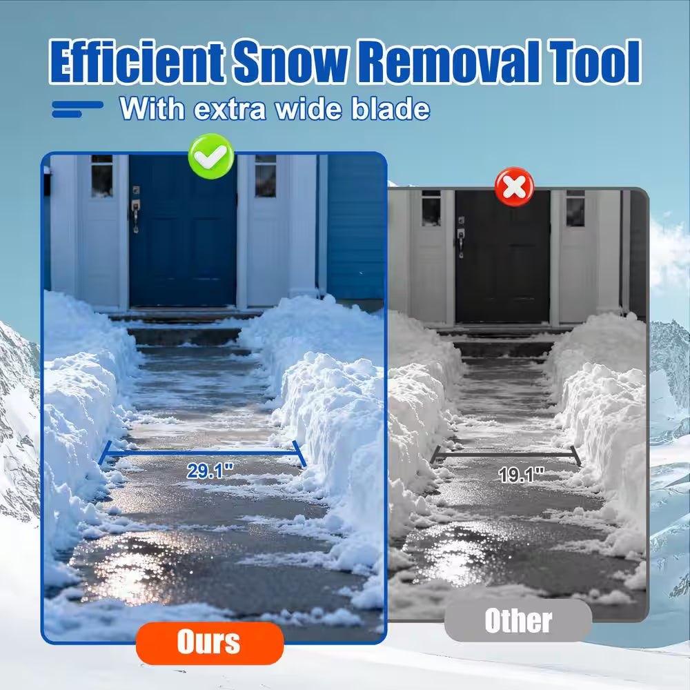 Black 42.5 In.L Non-Slip Rubber Adjustable Handle Carbon Steel Snow Shovel with 2 Wheels, 29.1 In. Carbon Steel Blade