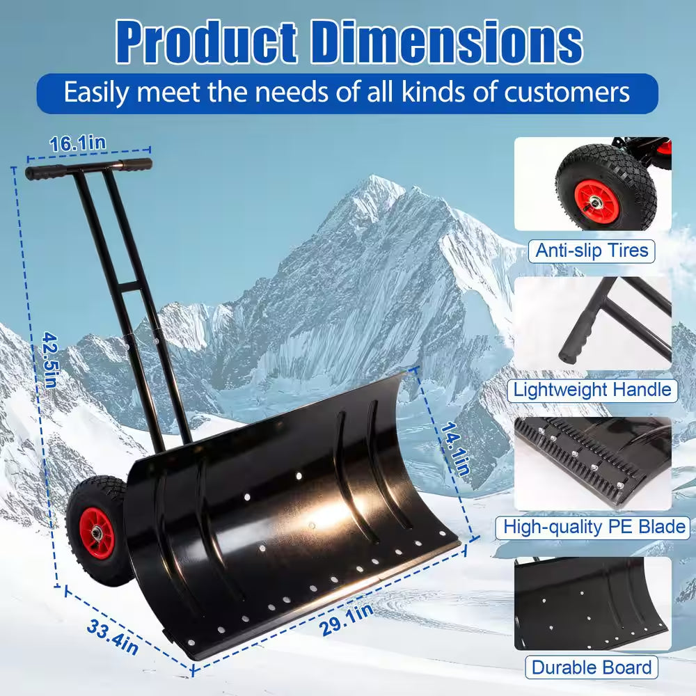 Black 42.5 In.L Non-Slip Rubber Adjustable Handle Carbon Steel Snow Shovel with 2 Wheels, 29.1 In. Carbon Steel Blade