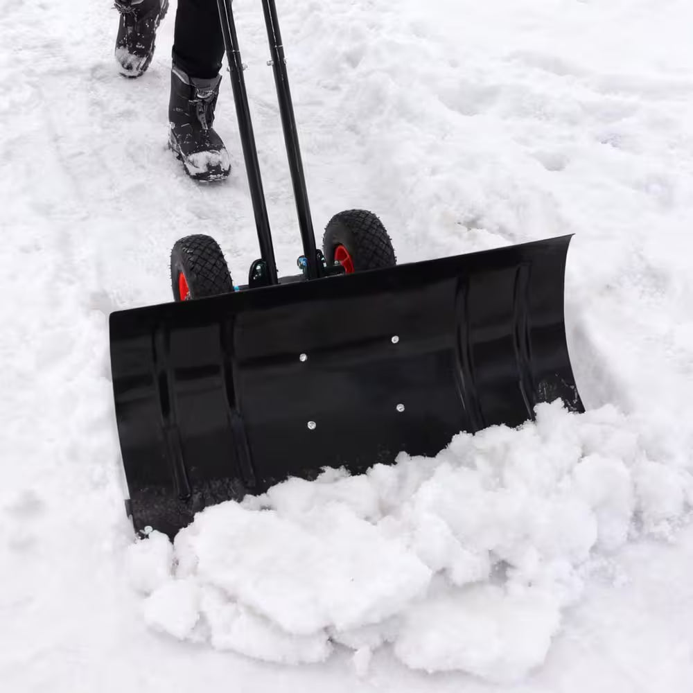 Black 42.5 In.L Non-Slip Rubber Adjustable Handle Carbon Steel Snow Shovel with 2 Wheels, 29.1 In. Carbon Steel Blade