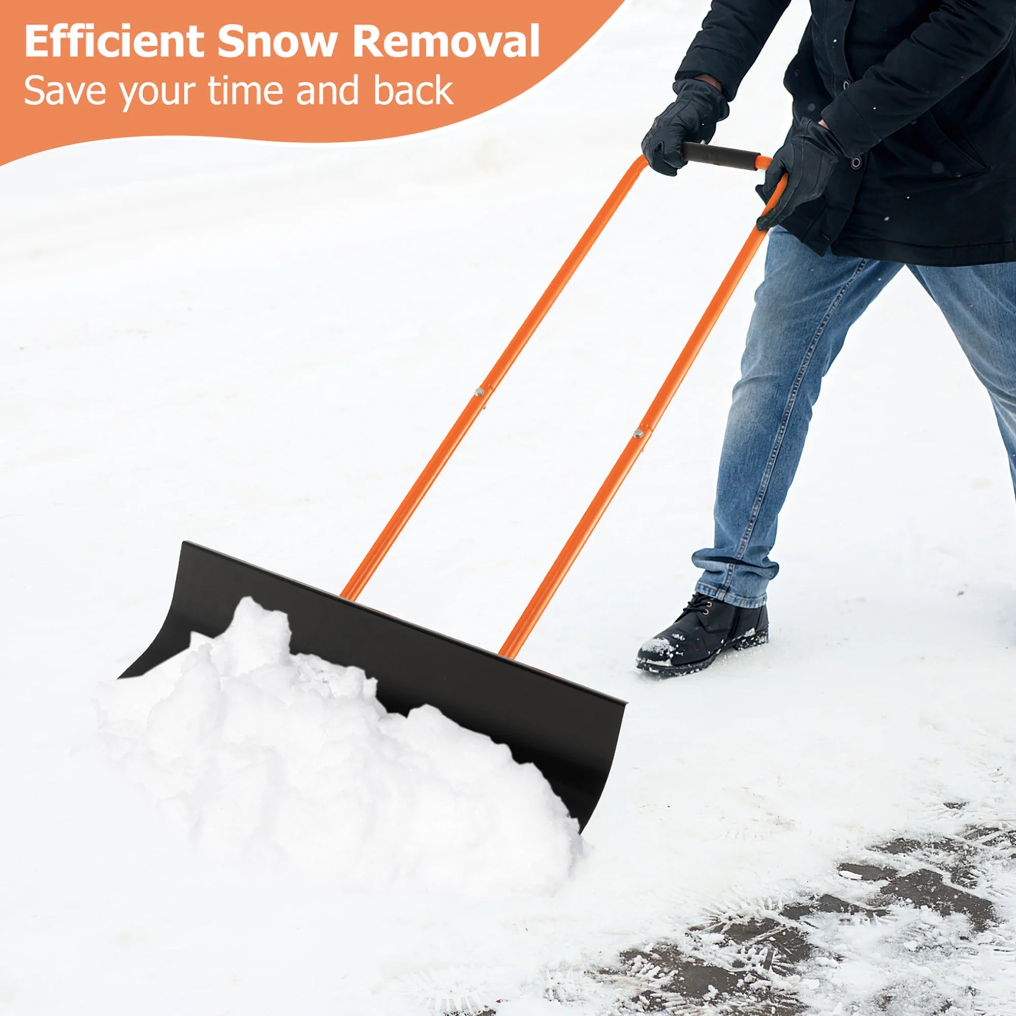 30" Snow Shovel Heavy-Duty Metal Adjustable Height Wheeled Snow Removal Pusher