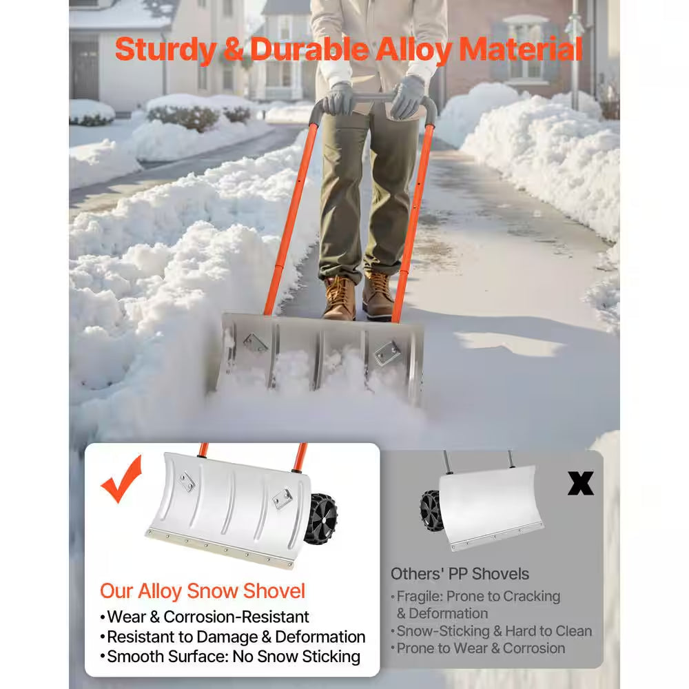 Snow Pusher Shovel, 24 In. Wheeled Snowplow Shovel, 33.46 In. Handle Length, Metal Handle, Bi-Metal Blade Snow Shovel