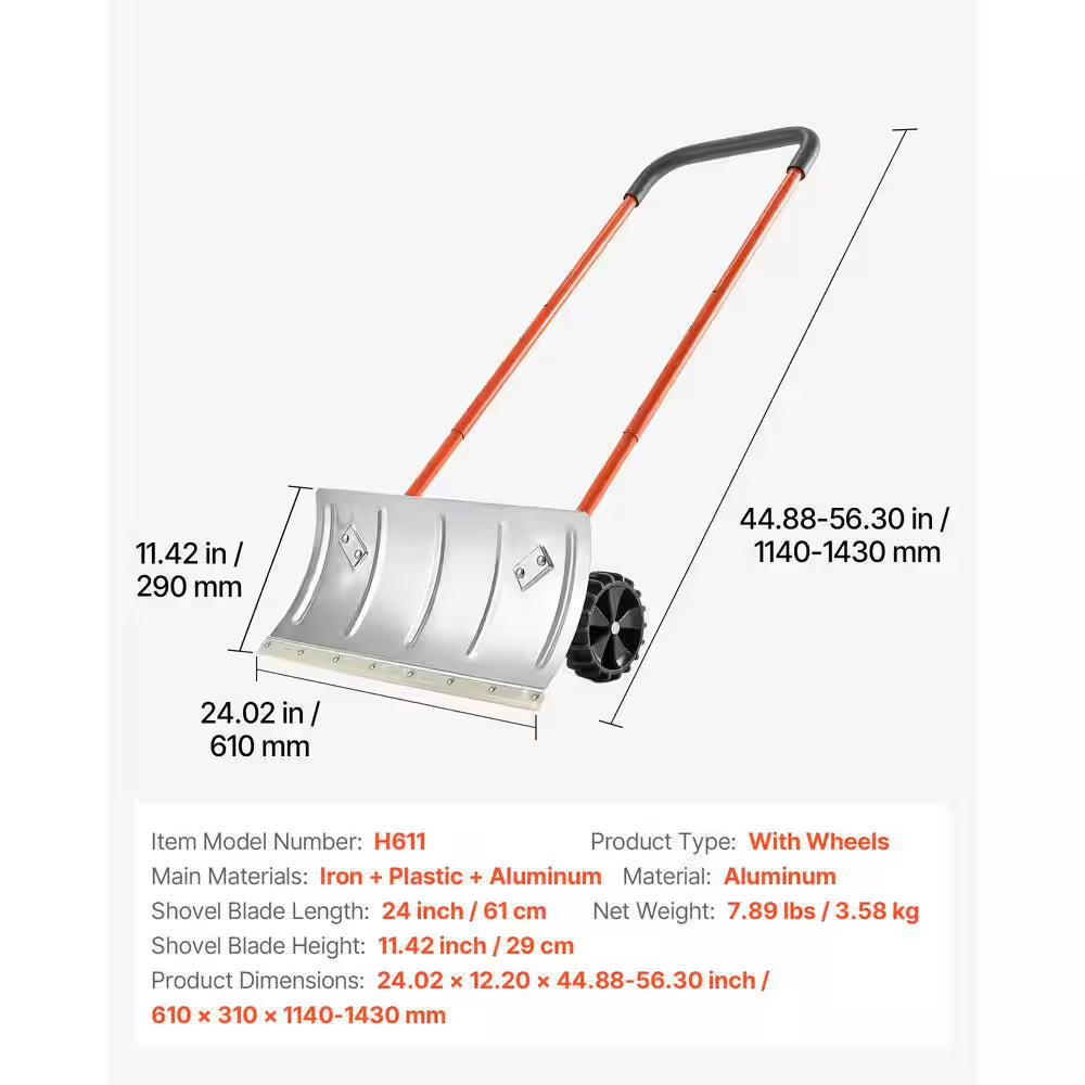 Snow Pusher Shovel, 24 In. Wheeled Snowplow Shovel, 33.46 In. Handle Length, Metal Handle, Bi-Metal Blade Snow Shovel