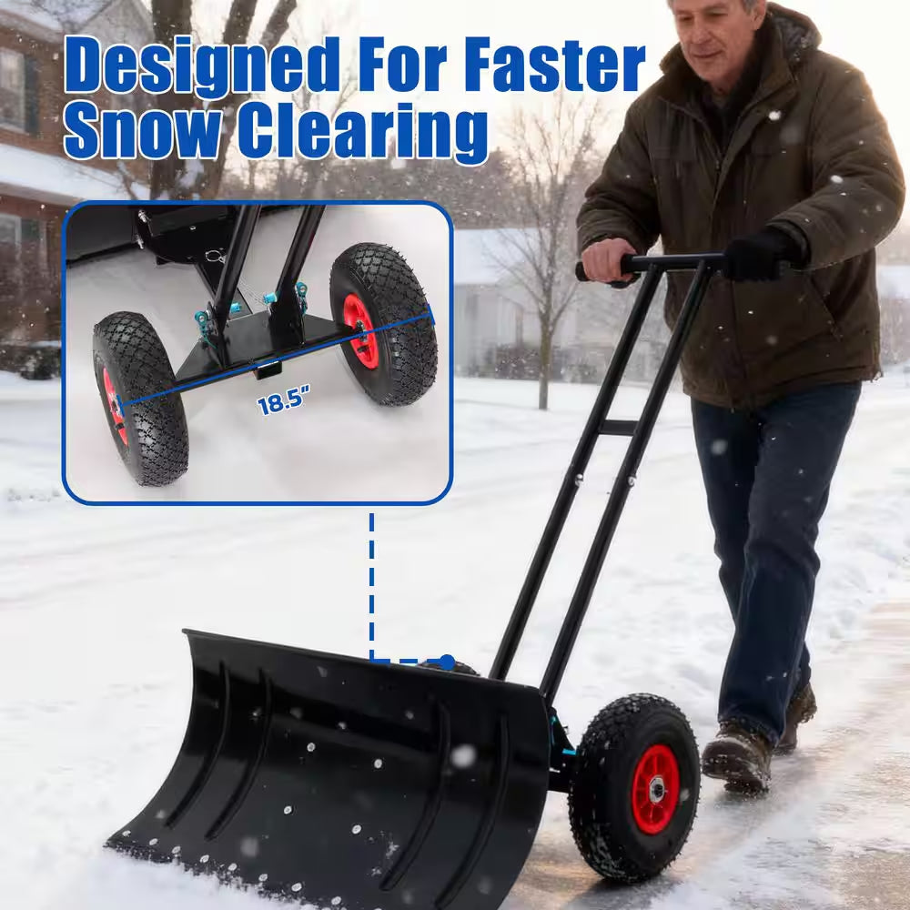 Black 42.5 In.L Non-Slip Rubber Adjustable Handle Carbon Steel Snow Shovel with 2 Wheels, 29.1 In. Carbon Steel Blade