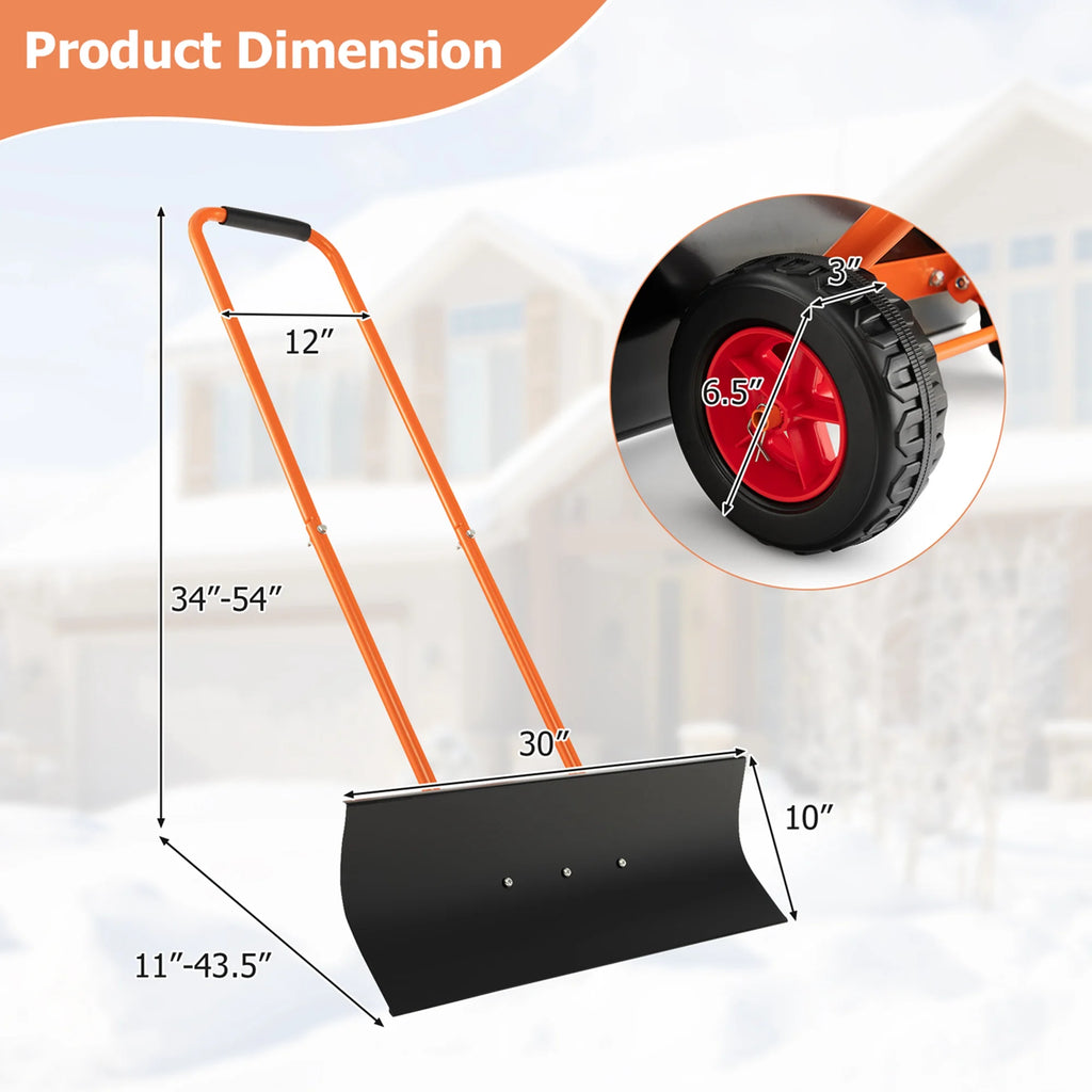 30" Snow Shovel Heavy-Duty Metal Adjustable Height Wheeled Snow Removal Pusher