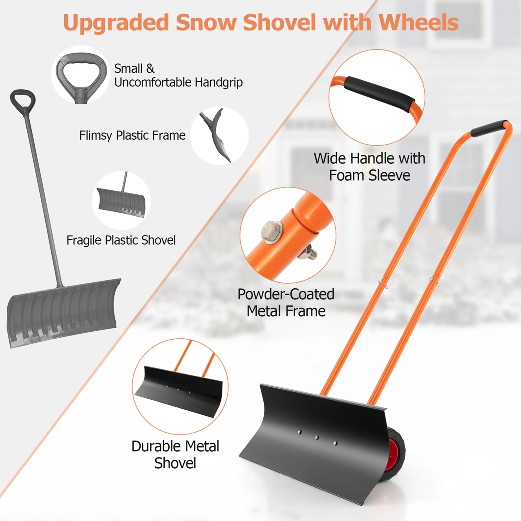 30" Snow Shovel Heavy-Duty Metal Adjustable Height Wheeled Snow Removal Pusher
