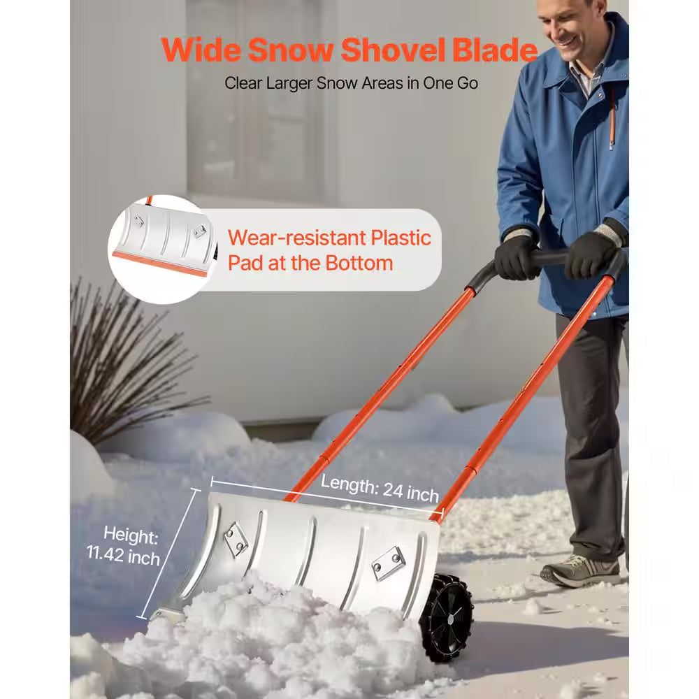 Snow Pusher Shovel, 24 In. Wheeled Snowplow Shovel, 33.46 In. Handle Length, Metal Handle, Bi-Metal Blade Snow Shovel