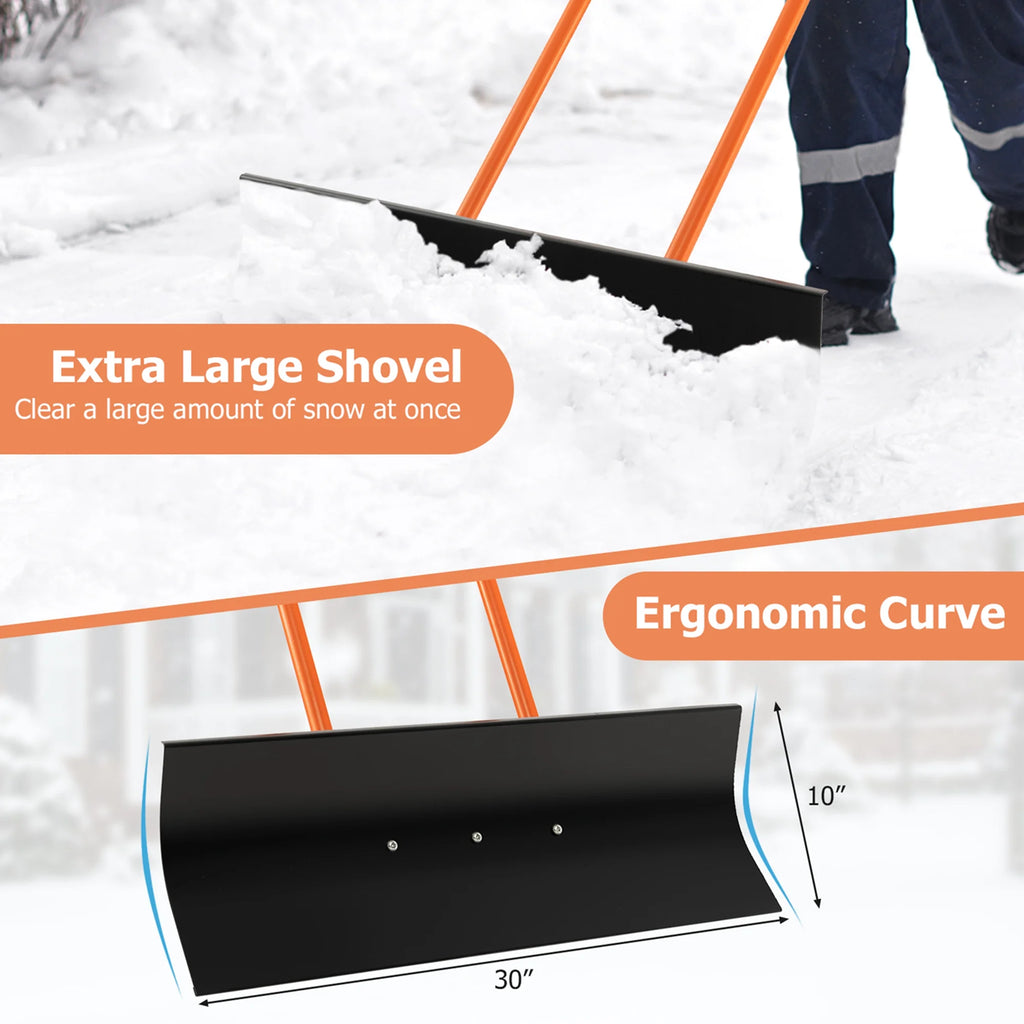30" Snow Shovel Heavy-Duty Metal Adjustable Height Wheeled Snow Removal Pusher