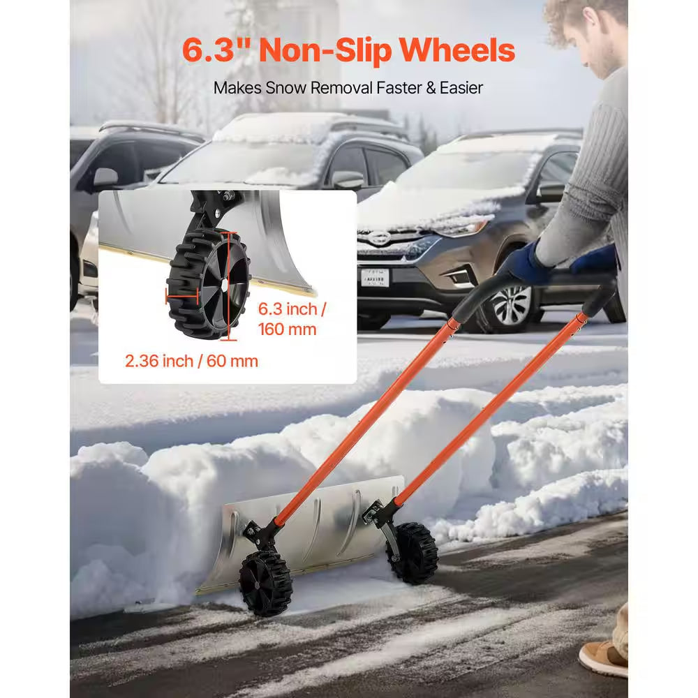 Snow Pusher Shovel, 24 In. Wheeled Snowplow Shovel, 33.46 In. Handle Length, Metal Handle, Bi-Metal Blade Snow Shovel