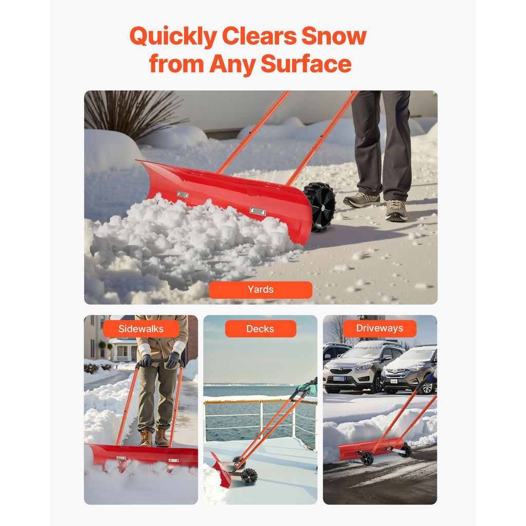Snow Shovel with Wheels 37.8" Plastic Snow Removal Pusher Snow Plow for Driveway