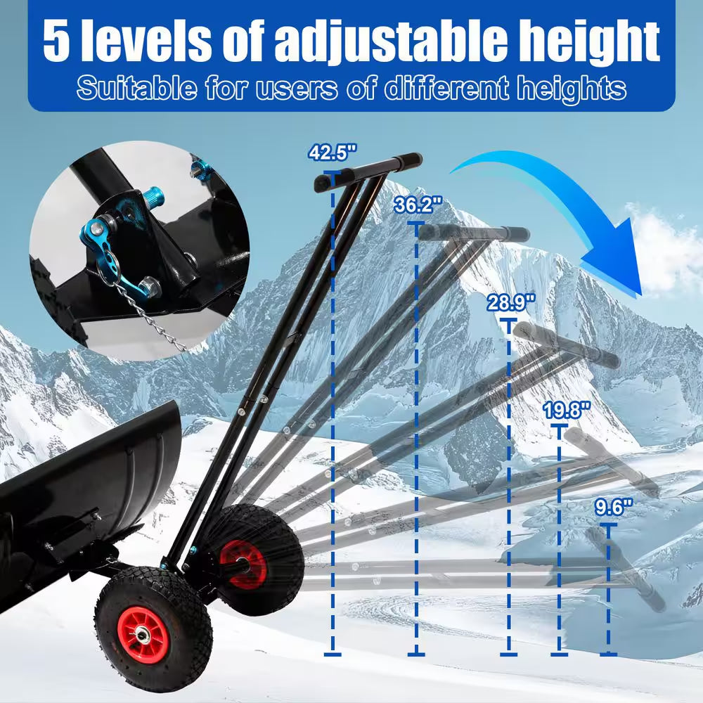 Black 42.5 In.L Non-Slip Rubber Adjustable Handle Carbon Steel Snow Shovel with 2 Wheels, 29.1 In. Carbon Steel Blade