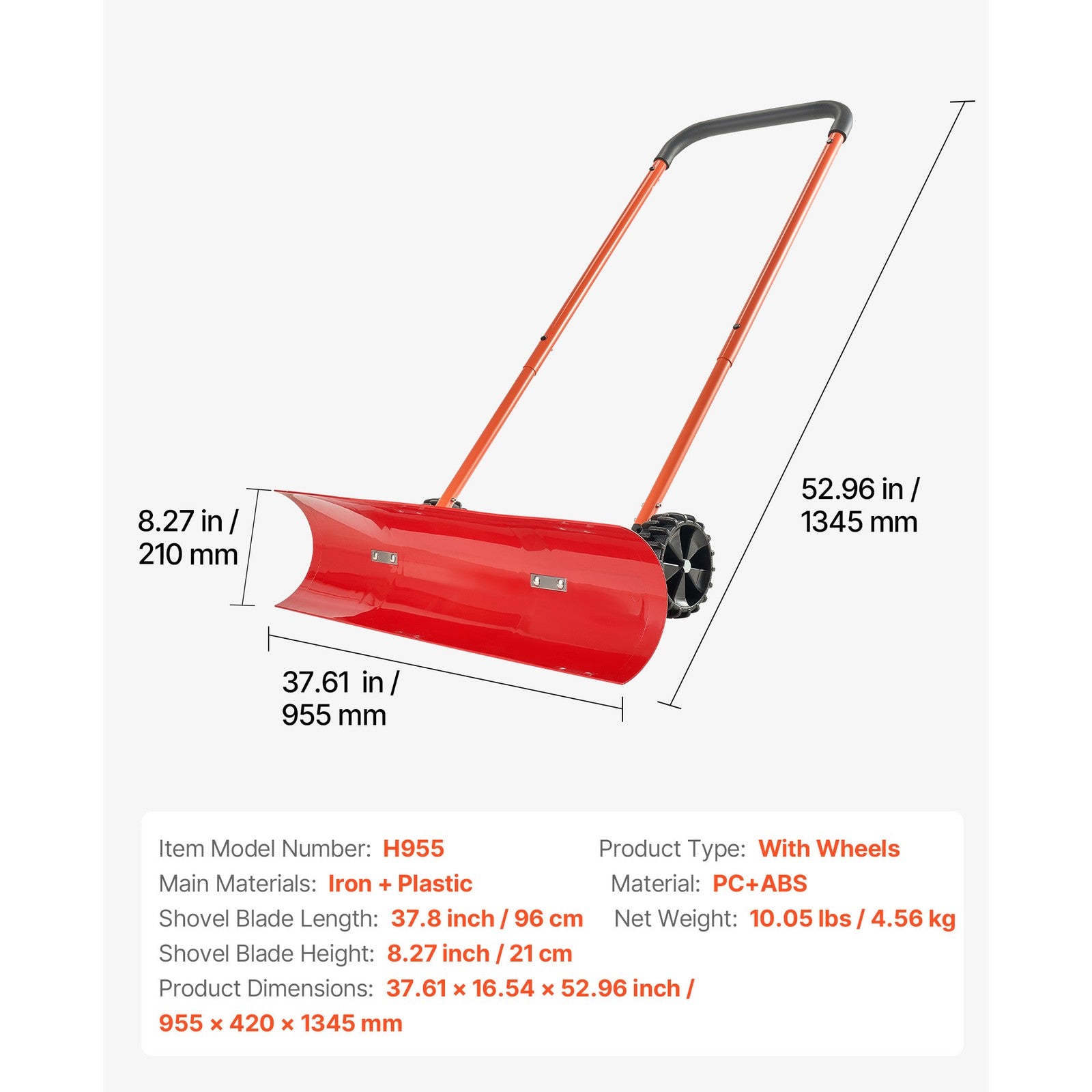 Snow Shovel with Wheels 37.8" Plastic Snow Removal Pusher Snow Plow for Driveway