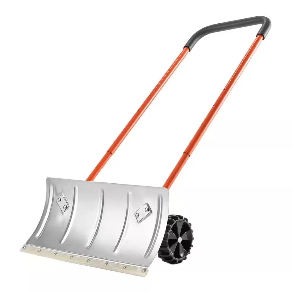 Snow Pusher Shovel, 24 In. Wheeled Snowplow Shovel, 33.46 In. Handle Length, Metal Handle, Bi-Metal Blade Snow Shovel