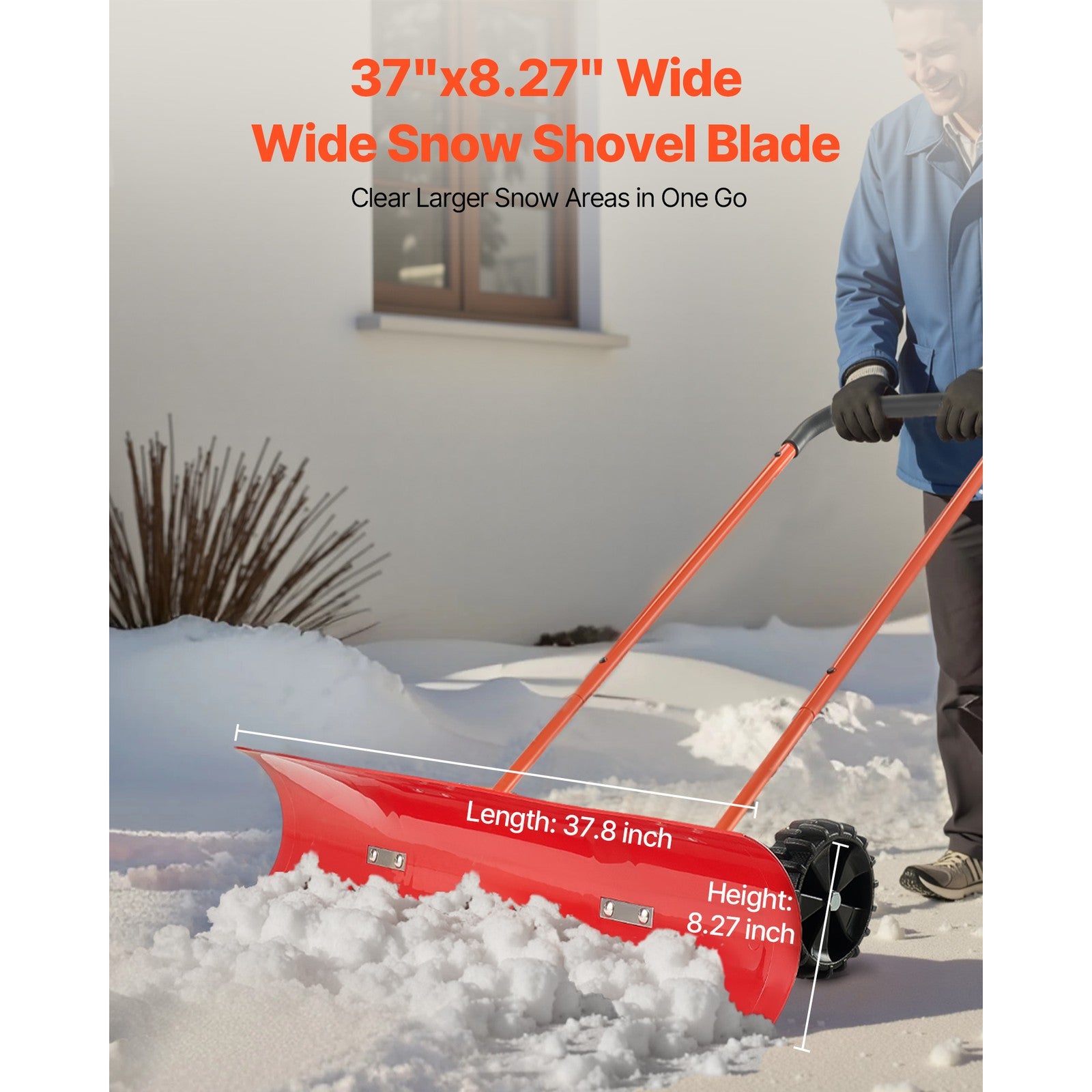 Snow Shovel with Wheels 37.8" Plastic Snow Removal Pusher Snow Plow for Driveway