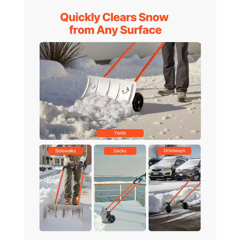 Snow Pusher Shovel, 24 In. Wheeled Snowplow Shovel, 33.46 In. Handle Length, Metal Handle, Bi-Metal Blade Snow Shovel